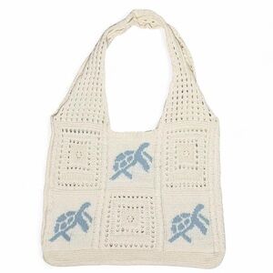 Cream Blue Turtle Crochet Knit Tote Bag Coastal Beachy Summer Shoulder Bag Surf